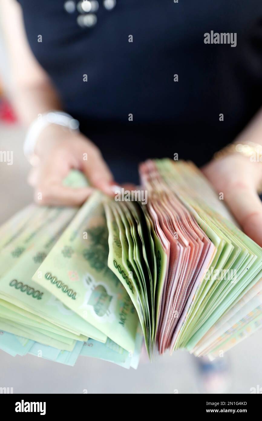 Monnaie vietnamienne, le Dong, billets de banque détenus par la femme, concept d'économie, Vietnam, Indochine, Asie du Sud-est, Asie Banque D'Images