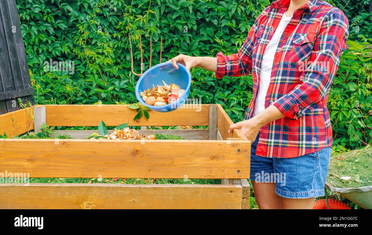 Gros plan sur les déchets alimentaires dans un bac à compost. Faire du compost dans une boîte en bois de bricolage pour l'enrichissement du sol. Déchets de cuisine, coupures de pelouse comme ingrédients pour le compost Banque D'Images