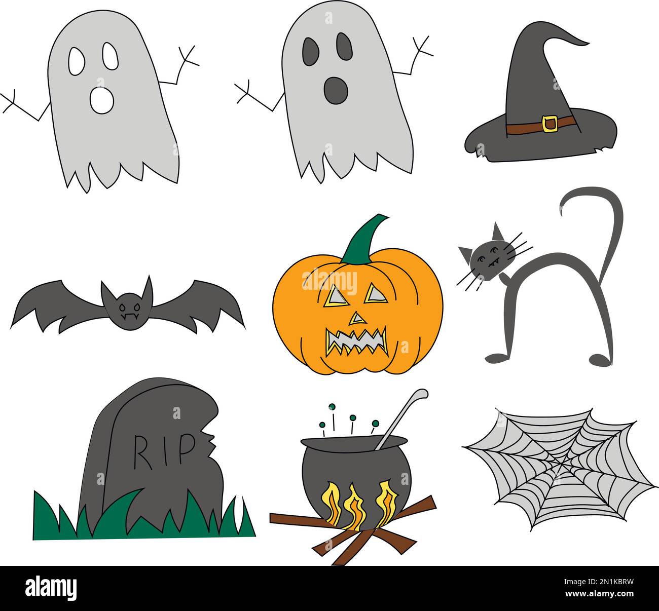 Ensemble coloré de neuf icônes d'Halloween avec fantôme, chauve-souris, citrouille, chat noir Illustration de Vecteur