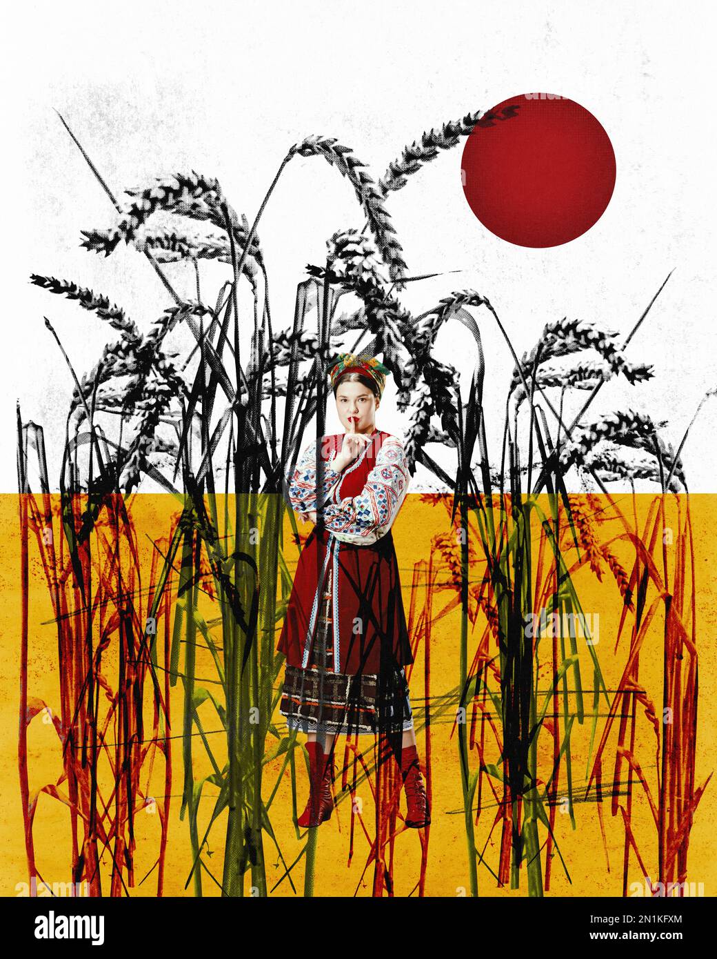 Collage d'art contemporain. Conception conceptuelle. Belle femme ukrainienne dans la tenue nationale debout dans beau jaune classé. Culture beauté de la nature Banque D'Images