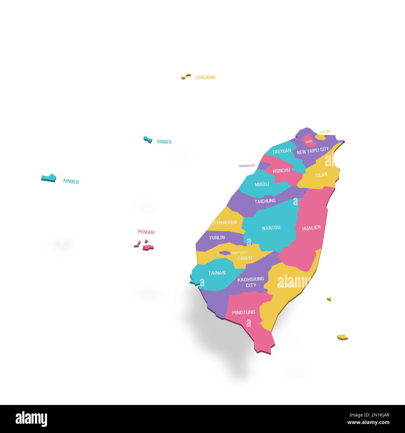 Taiwan carte politique des divisions administratives - provinces et municipalités spéciales. 3D cartes vectorielles colorées avec étiquettes de nom. Illustration de Vecteur