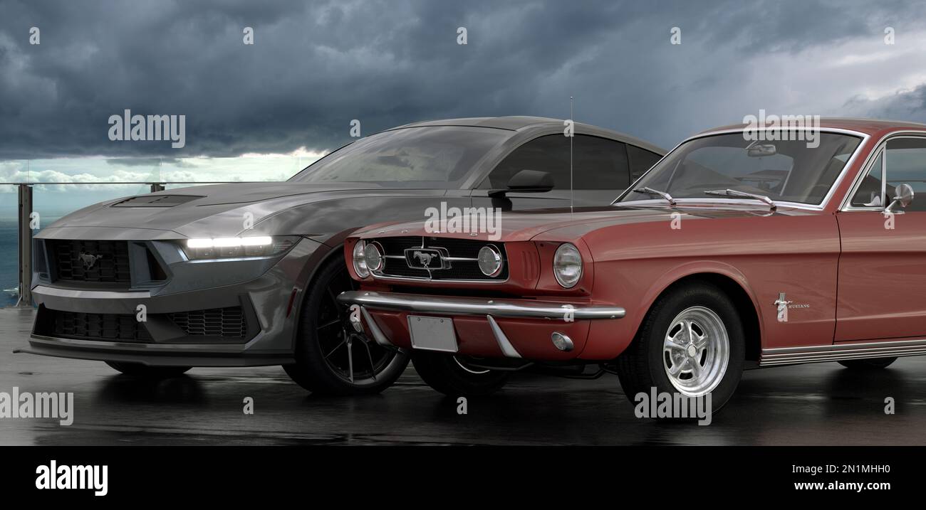 Ford Mustang dans sa dernière version à côté de la Mustang du 1960s Banque D'Images