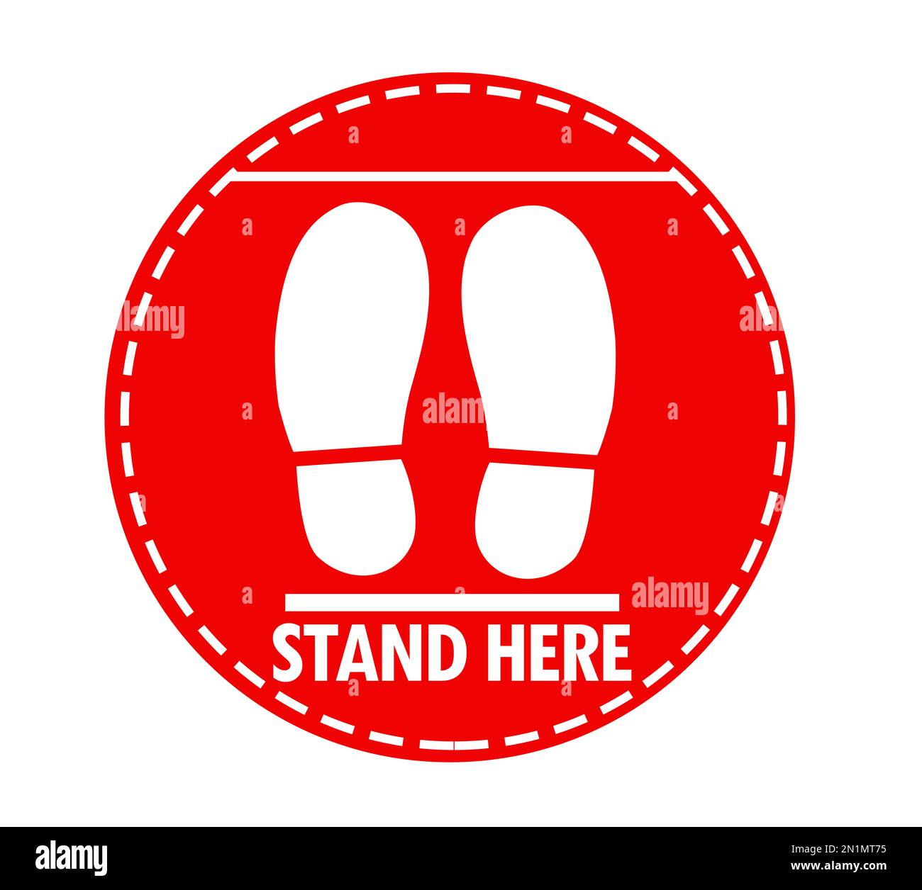 Affiche ronde rouge avec texte Stand Here et chaussures imprimées, illustration. Distance sociale - mesure de protection pendant une pandémie de coronavirus Banque D'Images