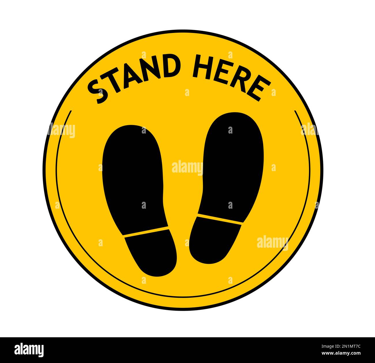 Affiche ronde jaune avec texte Stand Here et empreintes de chaussures, illustration. Distance sociale - mesure de protection pendant une pandémie de coronavirus Banque D'Images