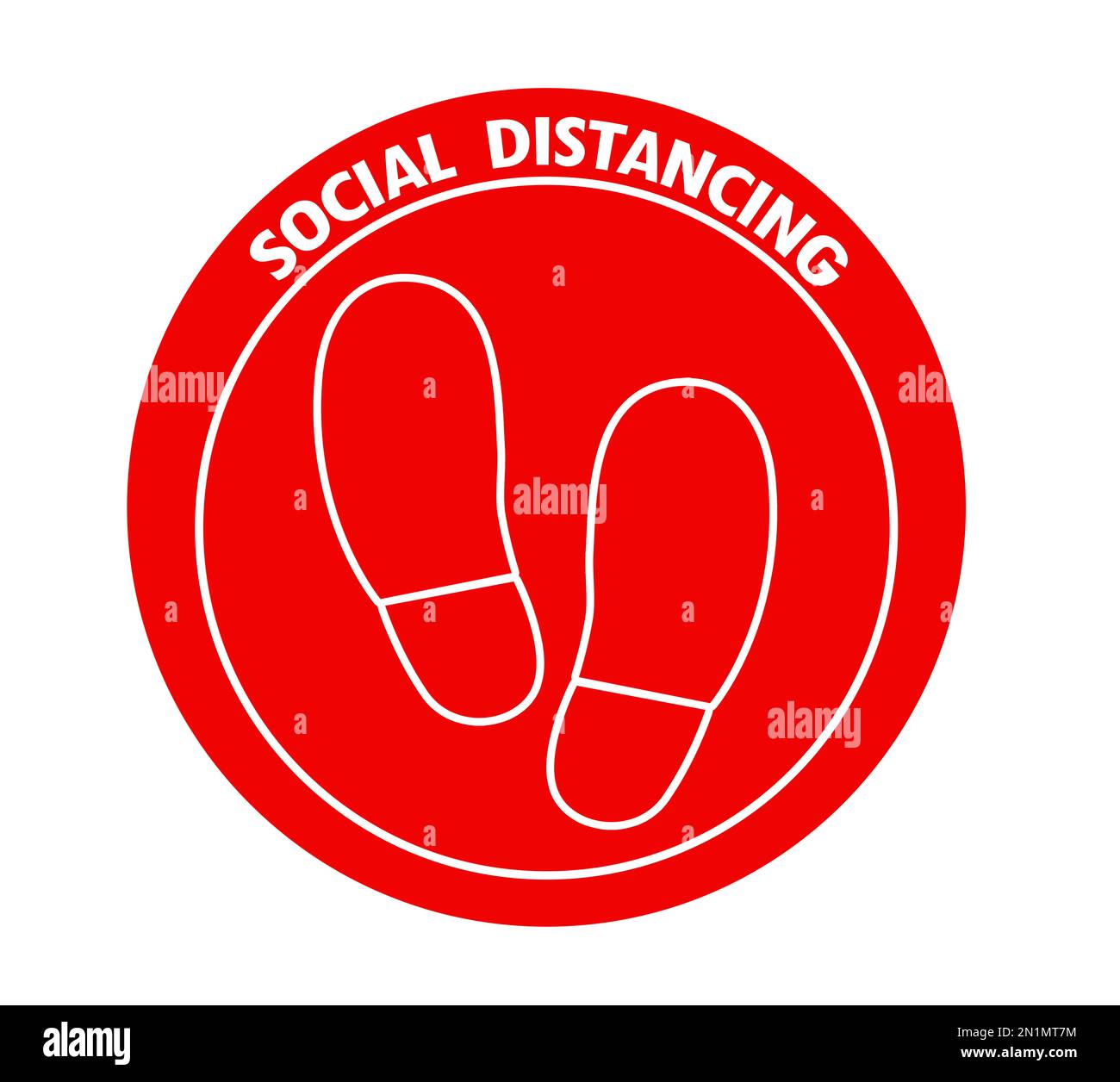 Signe rond rouge avec texte social distance et chaussures imprimés, illustration. Mesure de protection en cas de pandémie de coronavirus Banque D'Images