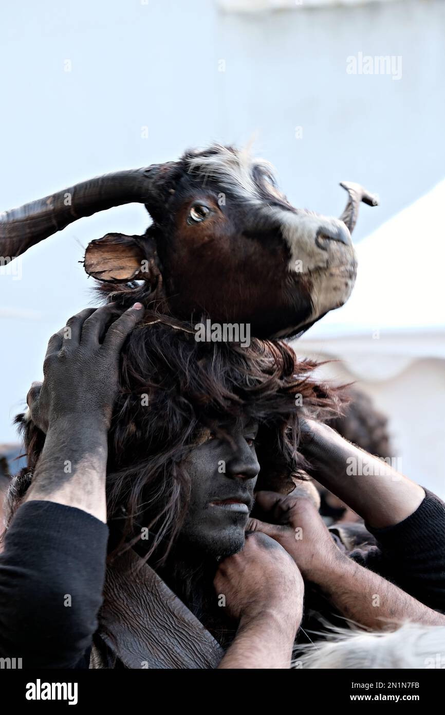 Lors de la parade des mamutzones de Samugheo, un homme porte le masque tradidional de l'Urtzu (créature zoomorfique avec la tête d'une chèvre) Banque D'Images
