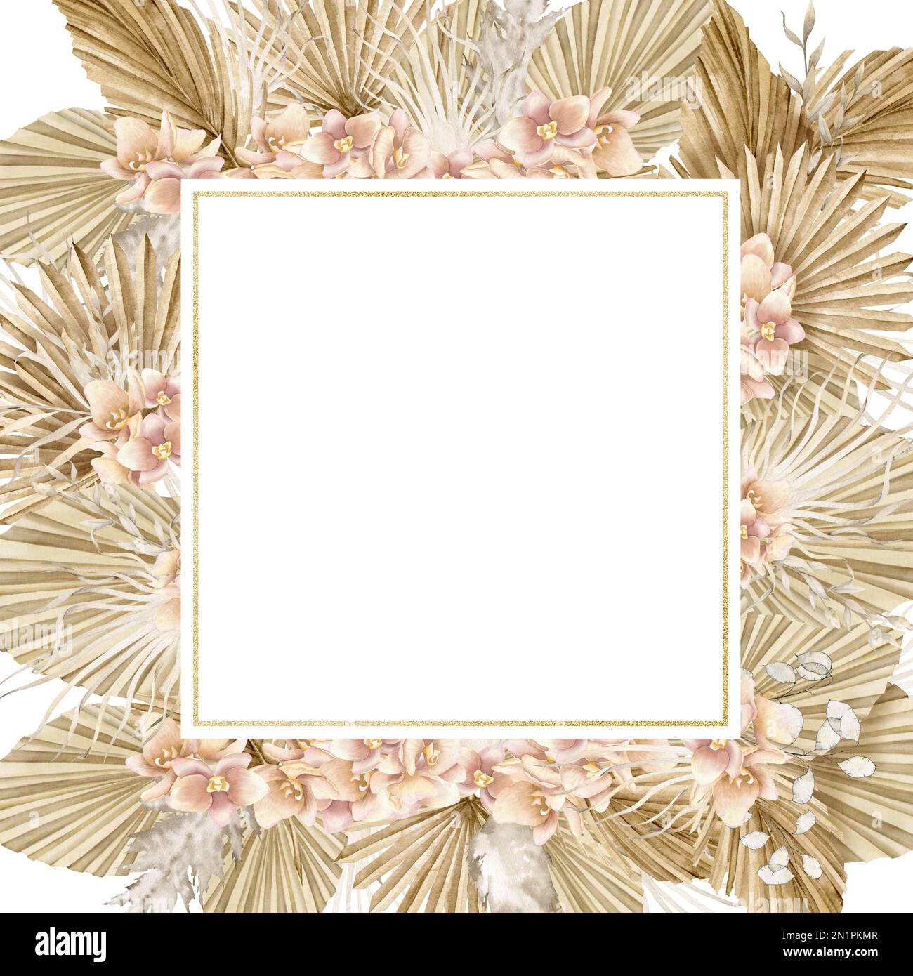 Cadre fleuri avec feuilles de palmier sèches et fleurs d'orchidées de style boho. Bordure tropicale carrée aquarelle. Modèle dessiné à la main pour les cartes de vœux bohème ou les invitations de mariage sur un arrière-plan isolé. Banque D'Images