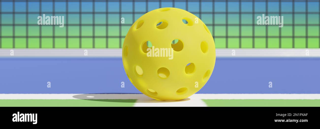 Pickleball jaune sur un terrain de sport sur le fond d'un filet. Gros plan 3D rendu Banque D'Images