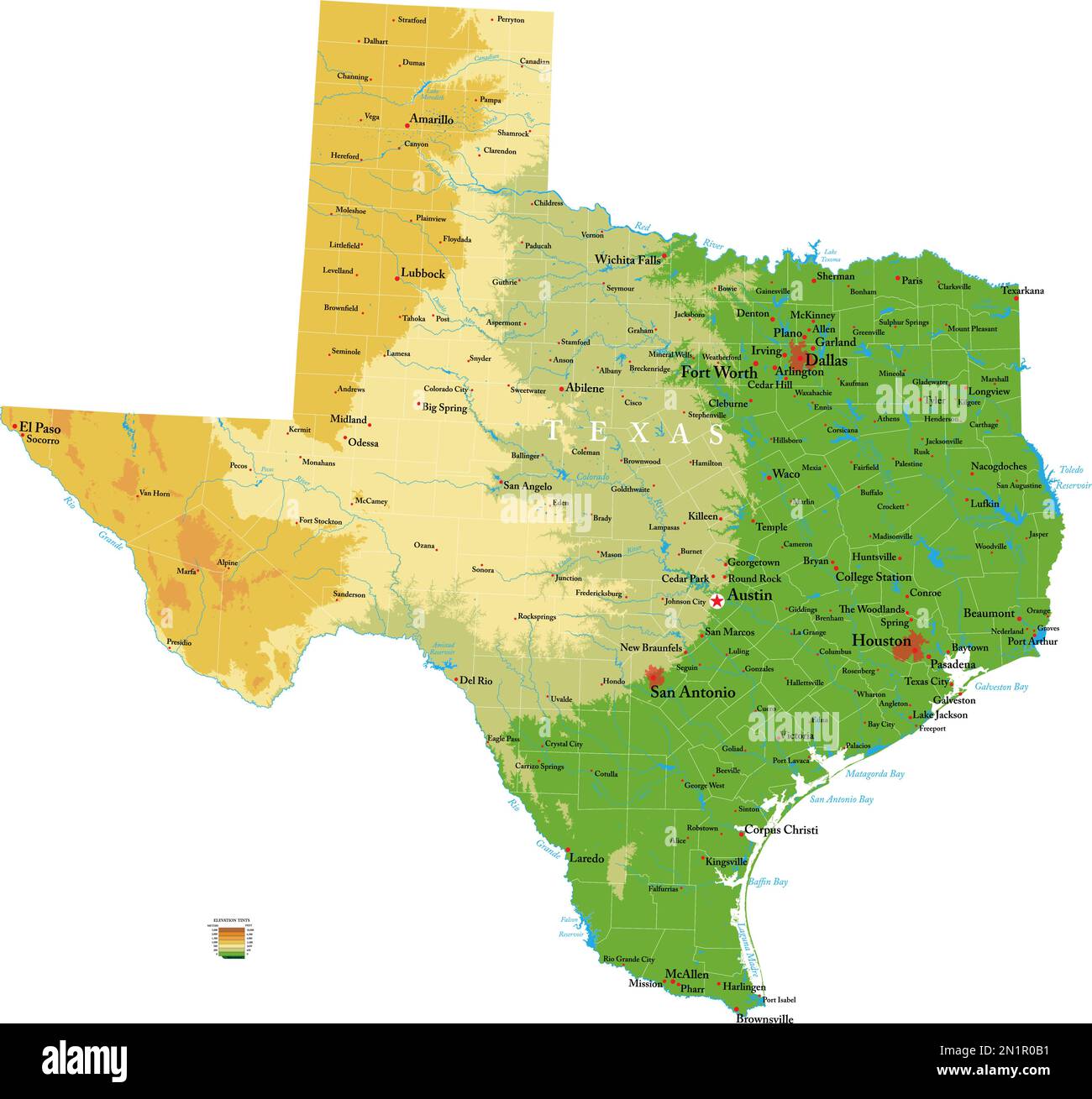 Carte physique très détaillée du Texas, en format vectoriel, avec toutes les formes de relief, les régions et les grandes villes. Illustration de Vecteur