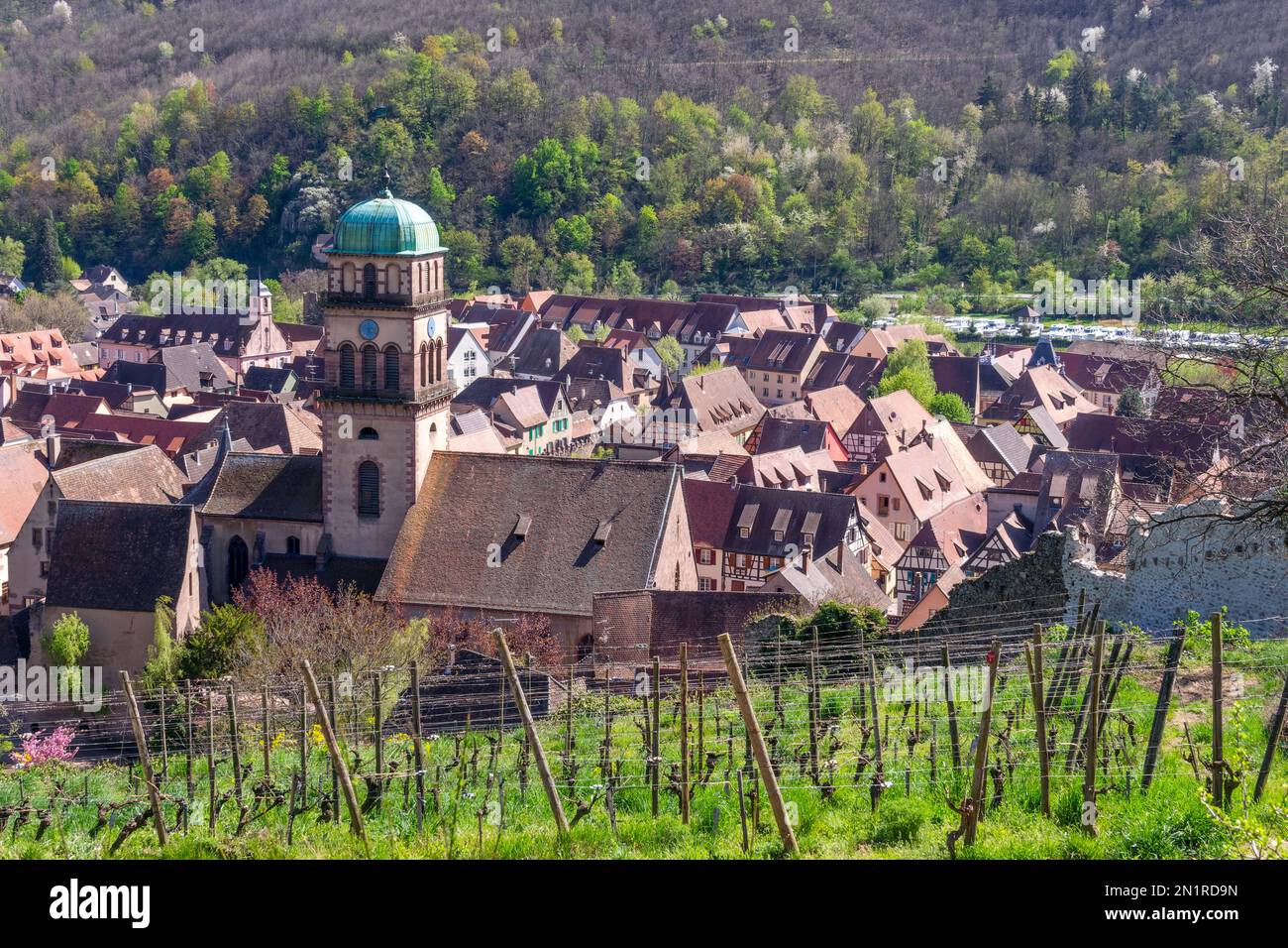 Vue sur le village touristique de Kaysersberg sur la route des vins en Alsace Banque D'Images