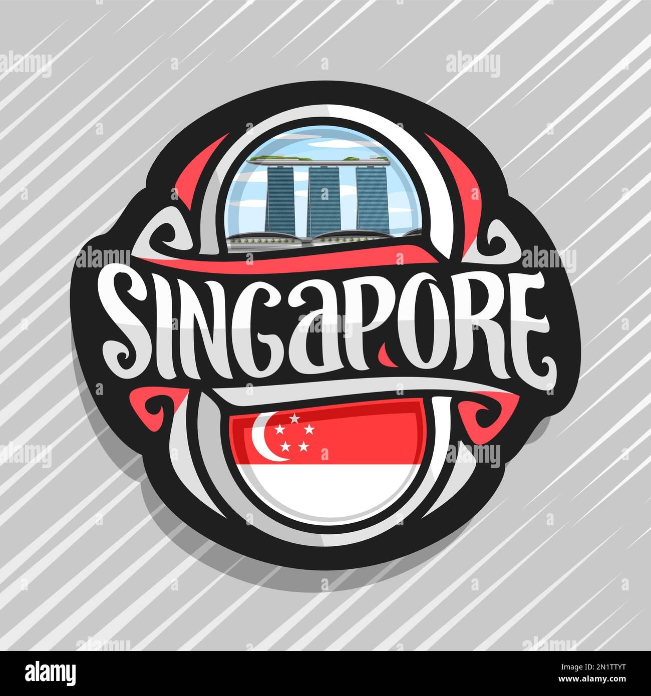 Logo Vector pour Singapour, pays aimant frigo avec drapeau, pinceau original typeface pour mot Singapour et symbole national - resort hotel Marina Illustration de Vecteur