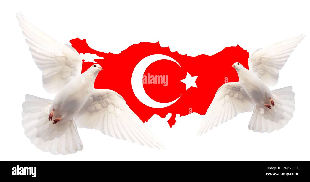 Des colombes blanches volent sur le fond de la carte de la Turquie Banque D'Images