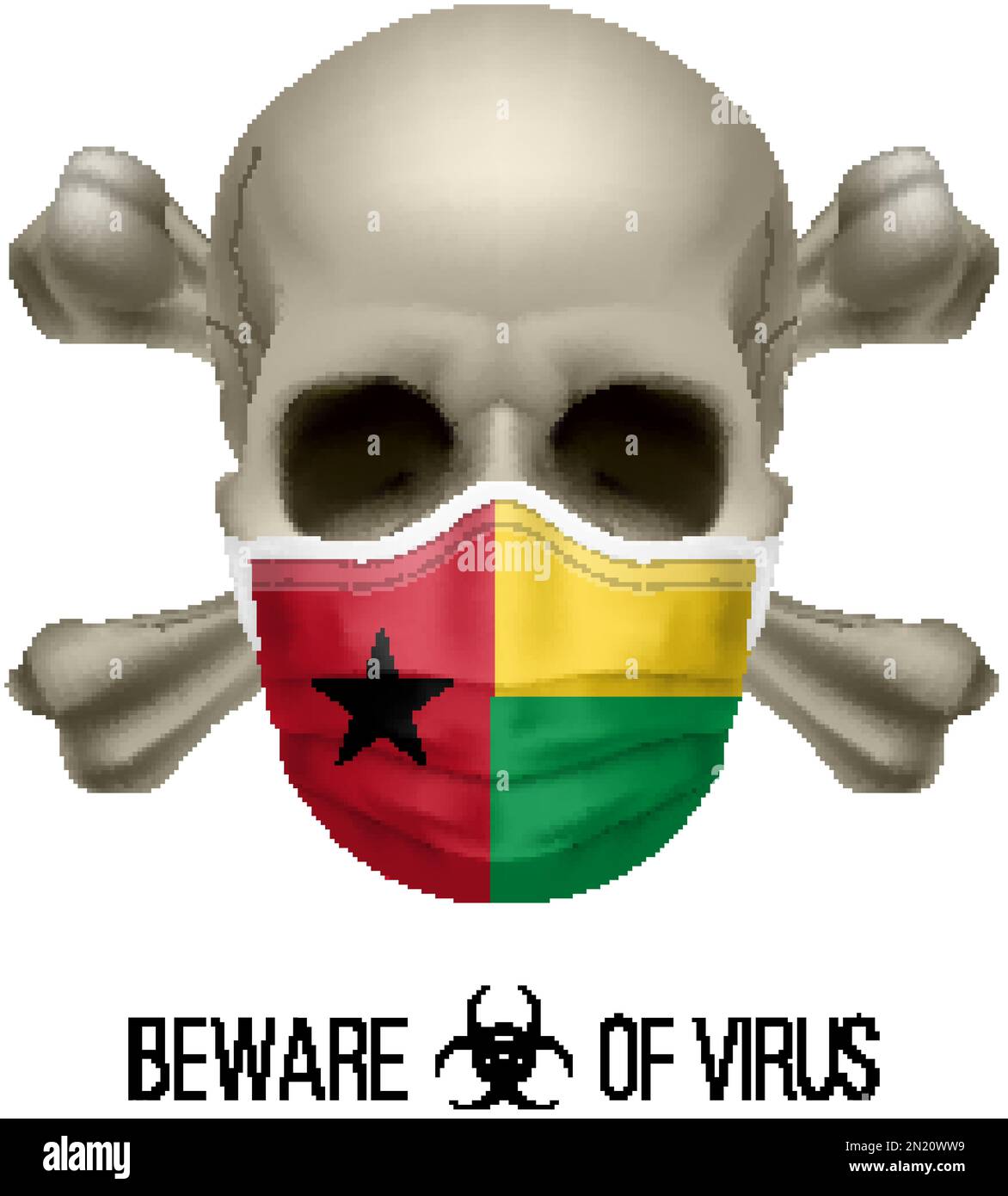 Crâne humain avec os croisés et masque chirurgical dans la couleur du drapeau national de Guinée-Bissau. Masque sous forme de drapeau et crâne comme concept de dire Warni Illustration de Vecteur