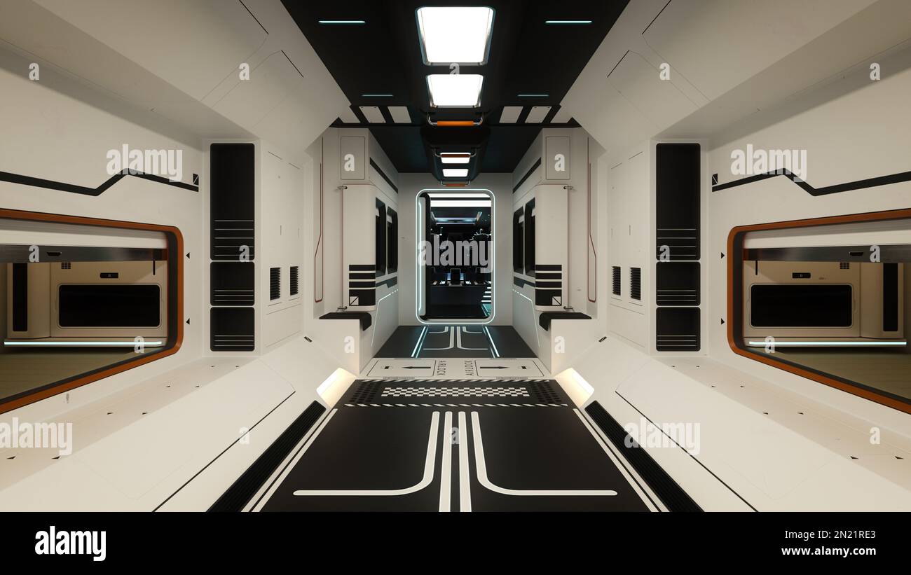Couloir intérieur futuriste de vaisseau spatial de science-fiction avec murs blancs et porte ouverte au poste de pilotage. 3D illustration. Banque D'Images