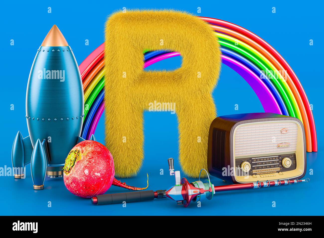 Enfants ABC, lettre R moelleuse avec fusée, arc-en-ciel, radio, canne à pêche, radis. 3D rendu sur fond bleu Banque D'Images