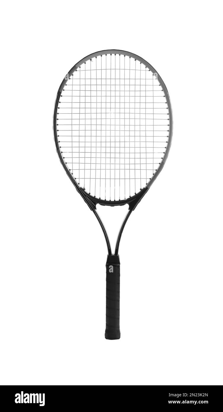 Raquette de tennis isolée sur blanc. Équipements sportifs Banque D'Images