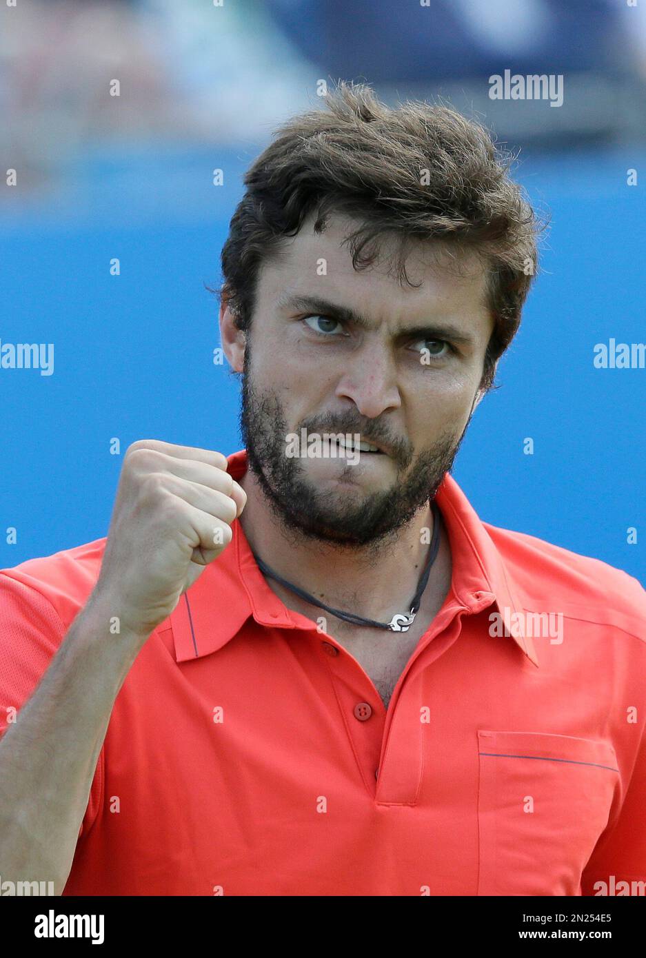 France’s Gilles Simon celebrates taking a point from Canada’s Milos Raonic during their quarterfinal tennis match on the fifth day of the Queen's Championships in London, Friday, June 19, 2015. (AP Photo/Tim Ireland) Banque D'Images