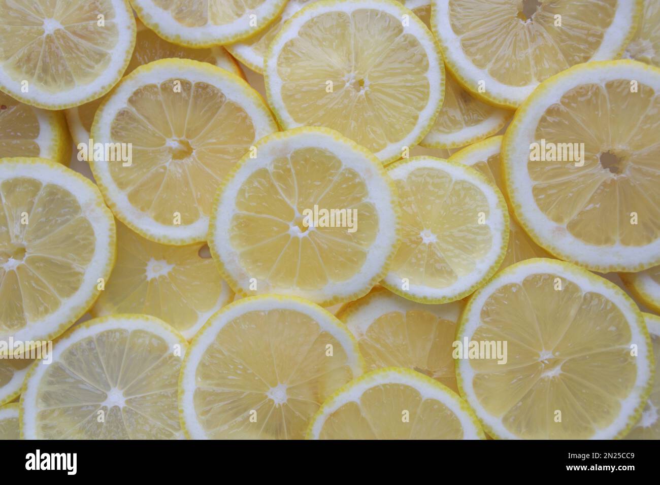 Fond de tranches de citrons jaunes finement coupées Banque D'Images