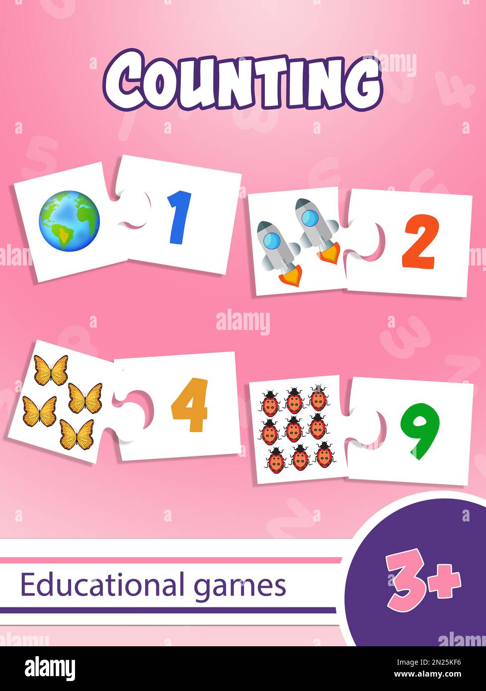 Jeu éducatif pour les enfants, apprendre à compter. Puzzles avec images et numéros de leur bonne quantité, illustration Banque D'Images Jeu éducatif pour les enfants, apprendre à compter. Puzzles avec images et numéros de leur bonne quantité, illustration Banque D'Images
