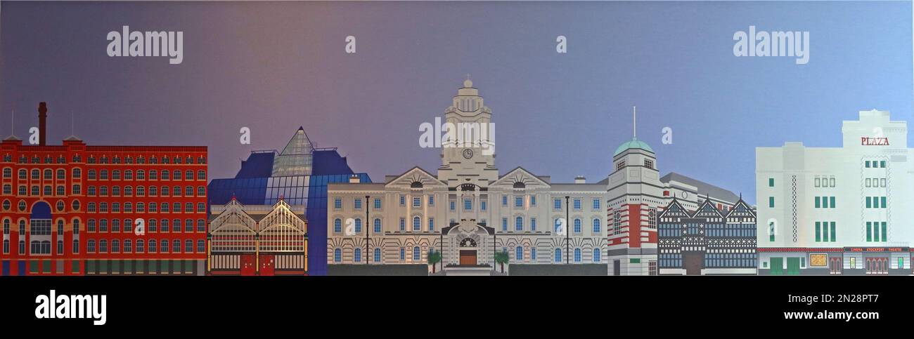 Stockport Skyline art - Hat Factory, The Pyramid, Market, Stockport Town Hall, Plaza Cinema Banque D'Images