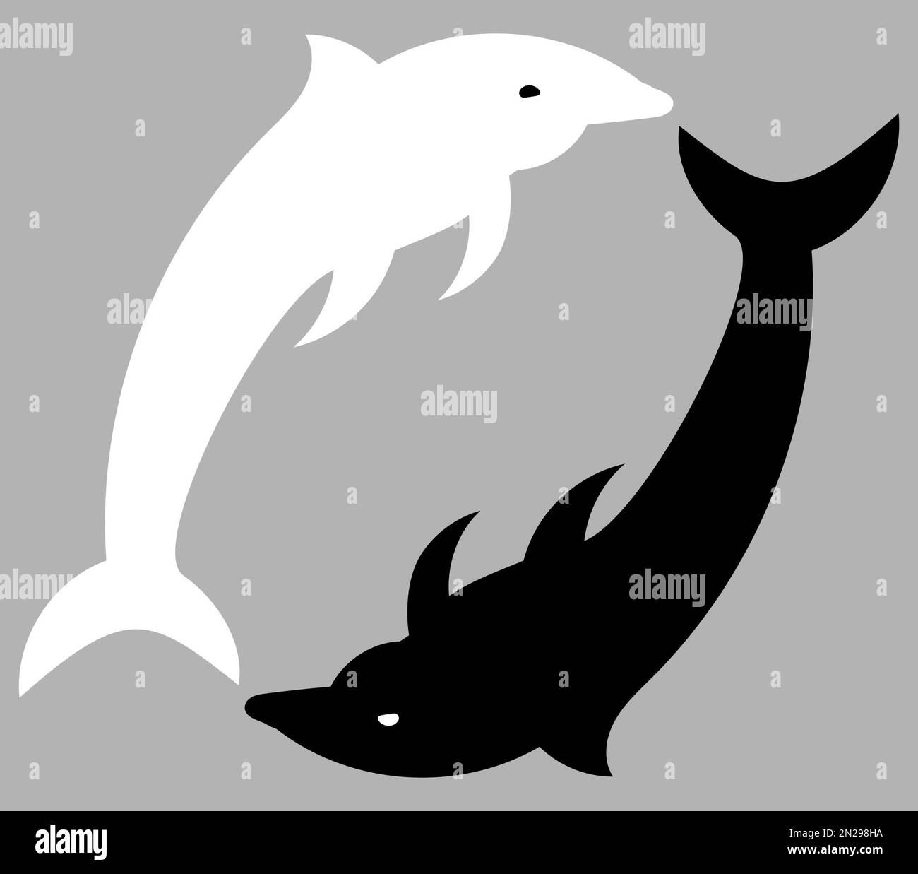 Yin et Yang illustrés en utilisant des dauphins, Yin et Yang signe, art abstrait, noir et blanc, monochrome Banque D'Images