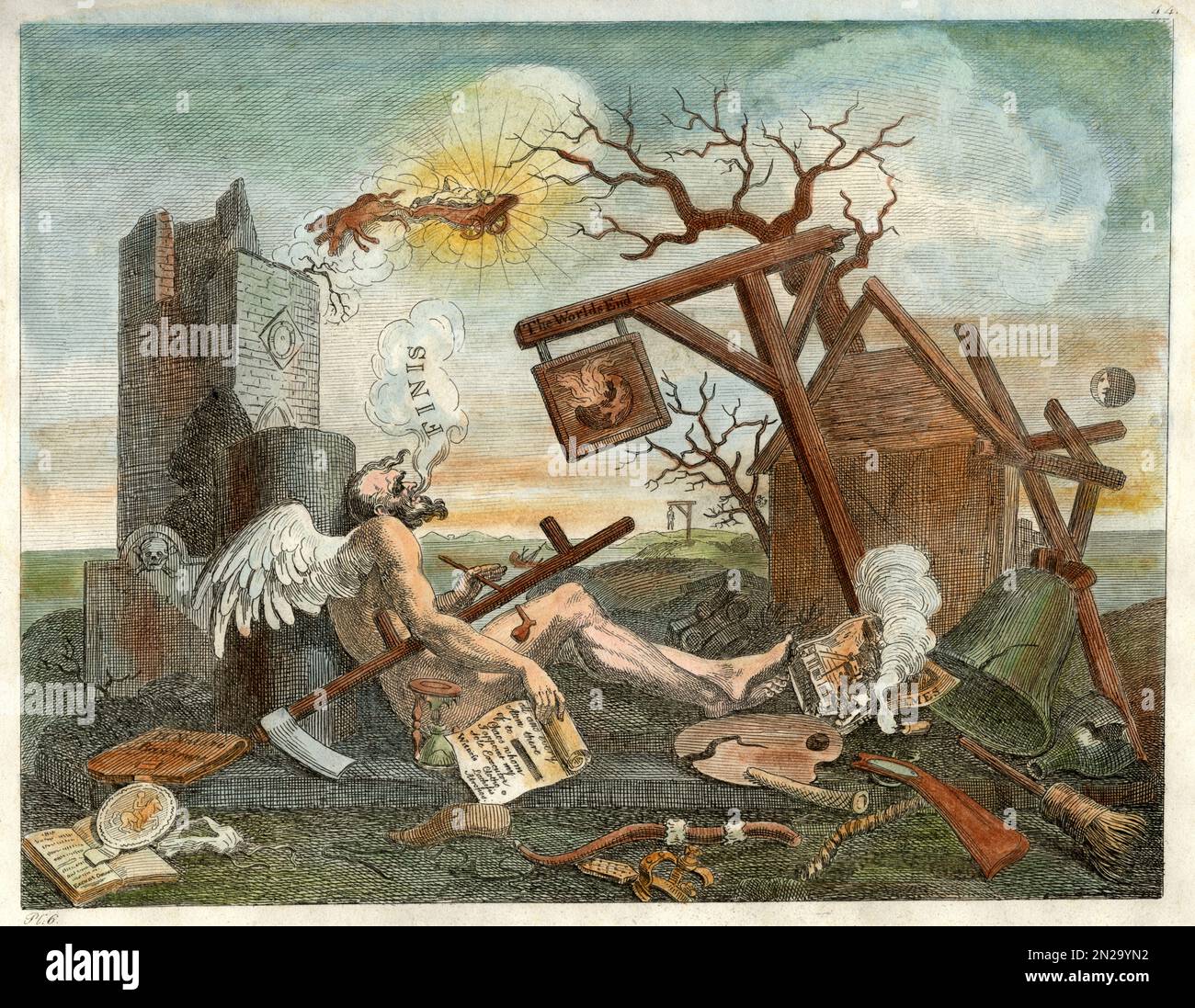 1764 , GRANDE-BRETAGNE: Le peintre britannique , graveur , satiriste illustré , critique social et caricaturiste éditorial William Hogarth ( 1697 - 1764 ) . La finition de l'impression de gravure ou la pièce de queue , 1764 .- LE BATHOS - LA FINE DEL MONDO E DEL TEMPO - LA FIN DU MONDE - ARTS - ARTE -INCISIONE - GRAVURE - PITTORE - ARTISTE - ARTISTA - APOCALISSE - APOCALYPSE - TAVOLOZZA - PALETTE ROVINA - RUINES - ROVINE - HISTOIRE - FOTO STORICHE -- - ARCHIVIO GBB Banque D'Images