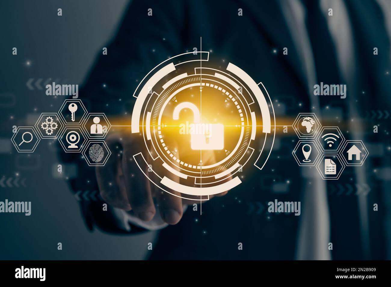Homme d'affaires main et doigt touchant l'écran et l'interface utilisateur HUD déverrouiller le panneau de sécurité. Système de technologie de sécurité ou concept de pare-feu et de protection dans Vintage Banque D'Images