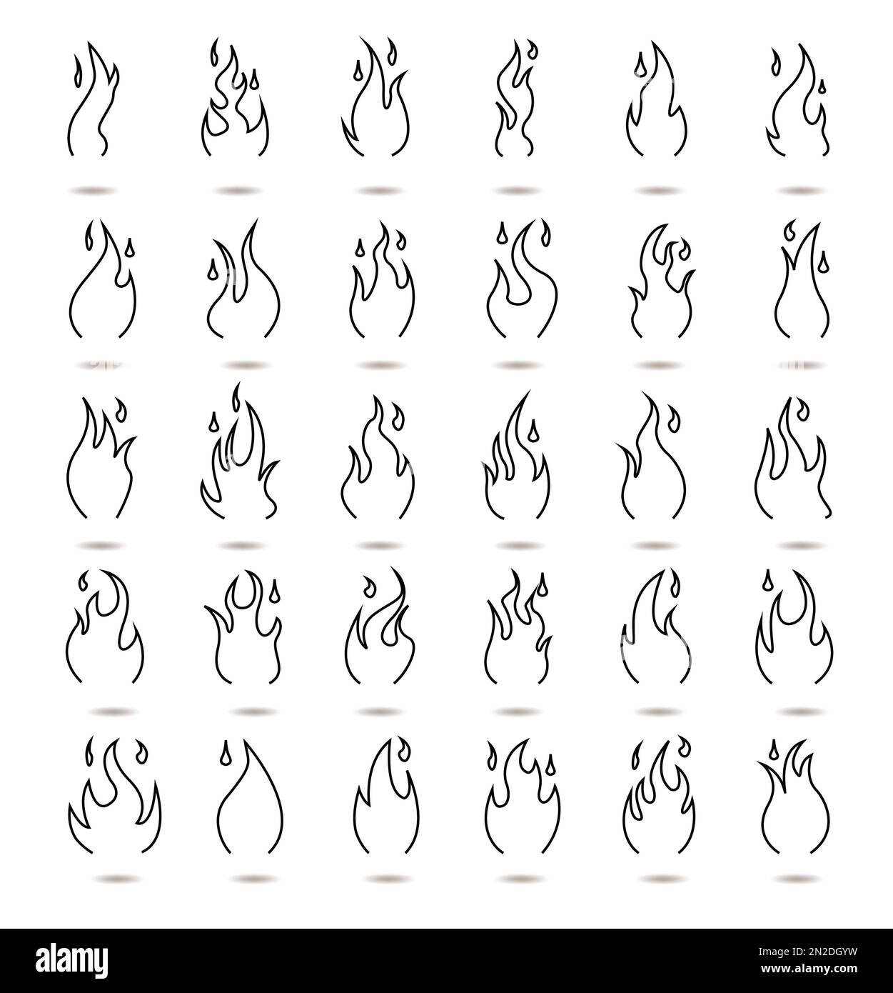 Dessin au trait logo de flamme de feu, icônes de couleur noire illustration vectorielle isolée sur fond blanc. Illustration de Vecteur