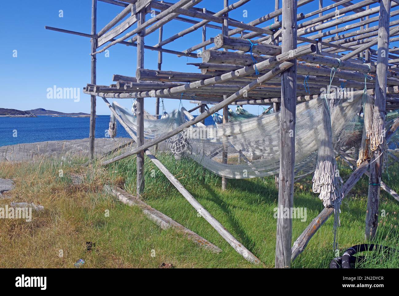 Casiers en bois, filets de pêche, Ilimanaq, Disko Bay, Avannaata Kommunia, Arctique, Groenland, Danemark Banque D'Images