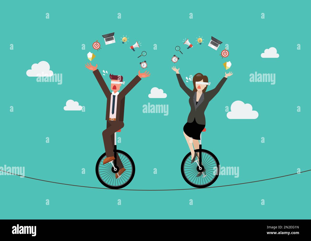 Homme d'affaires aveugle et femme à cheval sur un monocycle sur un fil. Concept de risque commercial. illustration vectorielle Illustration de Vecteur