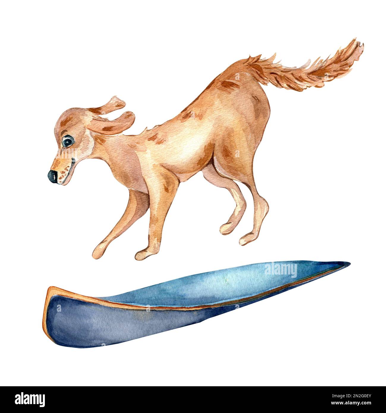 Illustration aquarelle de chien de dessin animé et de planche de surf isolée sur blanc. Adorable chien et sport d'été actif dessiné à la main. Élément de conception pour l'impression, Banque D'Images