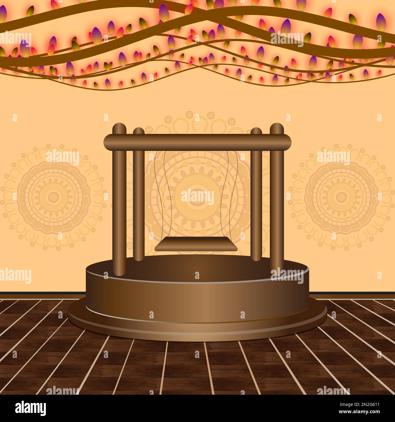 scène de henné décorative brune, illustration de la scène de mariage, scène d'événement avec des lumières de bokeh, mur décoratif avec plancher en bois Banque D'Images