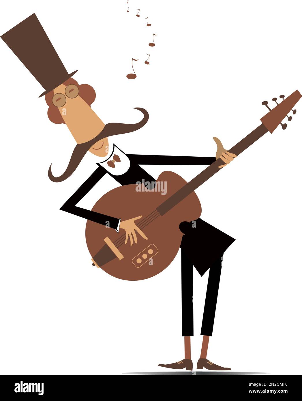 Le guitariste de long moustache de cartoon joue de l'illustration musicale. Moustache homme dans le chapeau haut jouant de la guitare isolé sur fond blanc Illustration de Vecteur