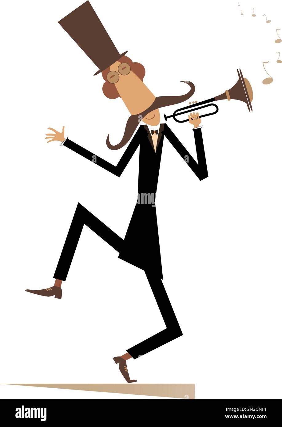 Le trompettiste long de la moustache à dessin animé joue l'illustration musicale isolée. Moustache homme dans le chapeau haut jouant la trompette Illustration de Vecteur