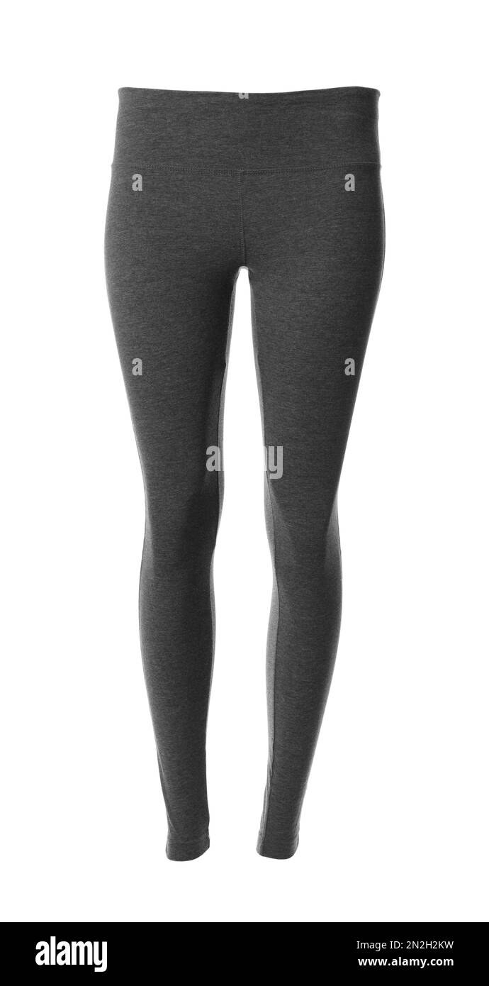 Leggings gris pour femmes isolés sur blanc. Vêtements de sport Banque D'Images