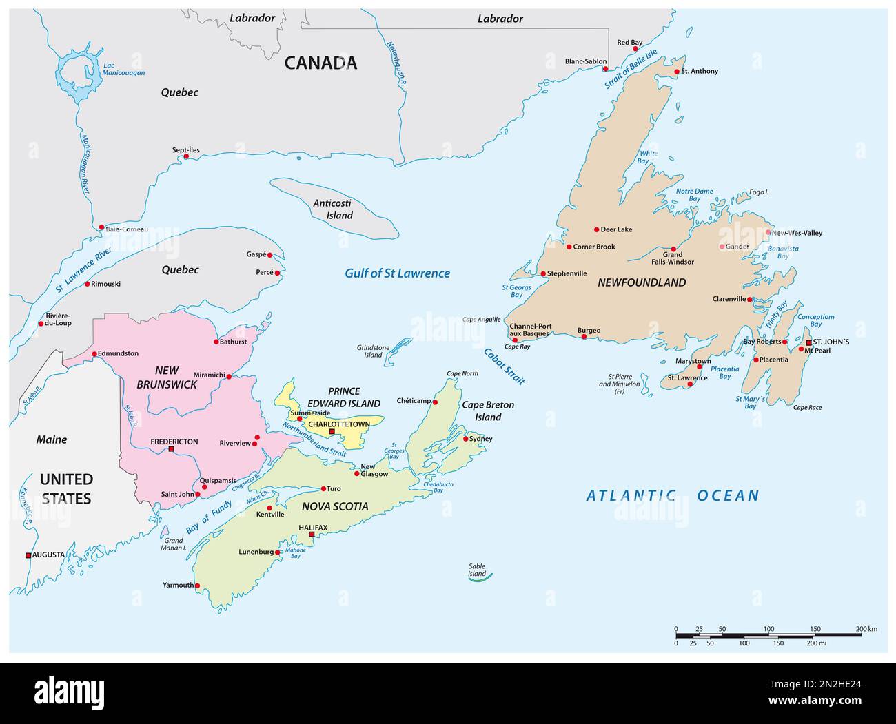 Carte vectorielle des quatre provinces maritimes canadiennes Banque D'Images