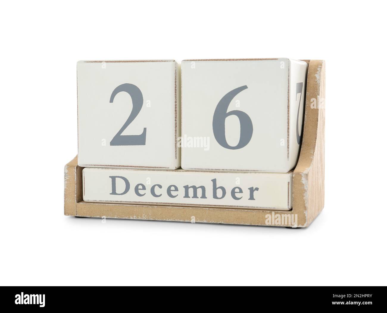 Calendrier en bois avec date du 26th décembre sur fond blanc. Lendemain de Noël Banque D'Images