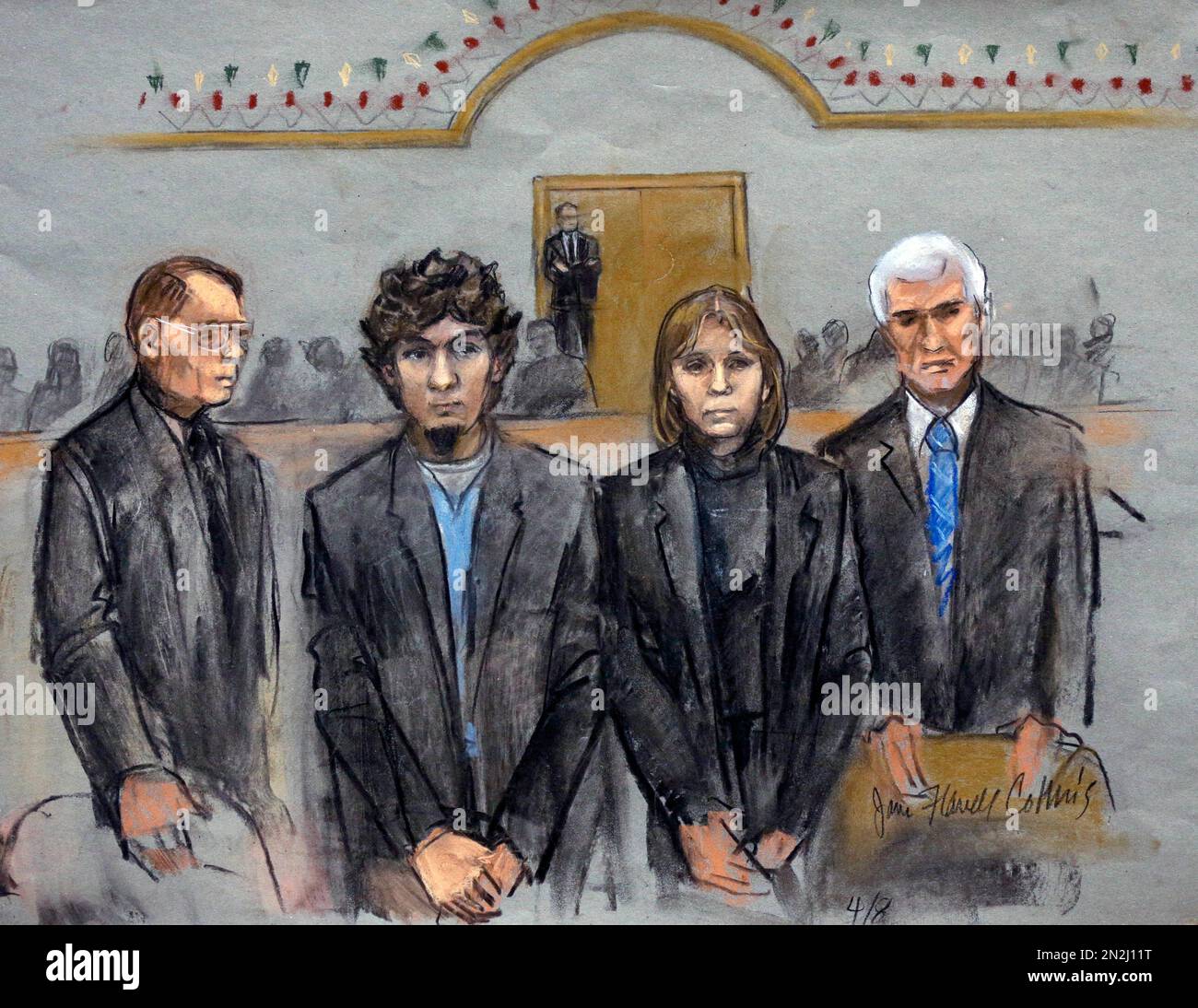 In this courtroom sketch, Dzhokhar Tsarnaev, second from left, is