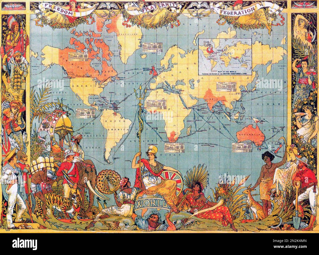 EMPIRE BRITANNIQUE en rose sur la carte du monde de an1886 Banque D'Images
