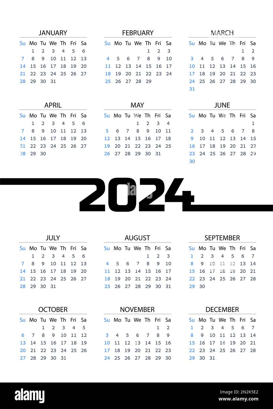 Calendrier de poche vertical sur 2024 ans. La semaine commence le ...