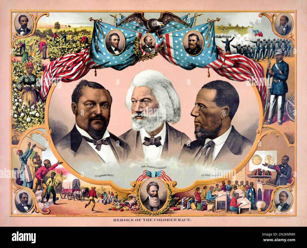 Héros de la course colorée. Affiche chromolithographique présentant des portraits de Blanche Kelso Bruce, Frederick Douglass et Hiram Rhodes Revels, avec des scènes historiques illustrant la vie et les progrès afro-américains aux États-Unis. Artiste inconnu. Affiche publiée en 1881 aux Etats-Unis. Banque D'Images