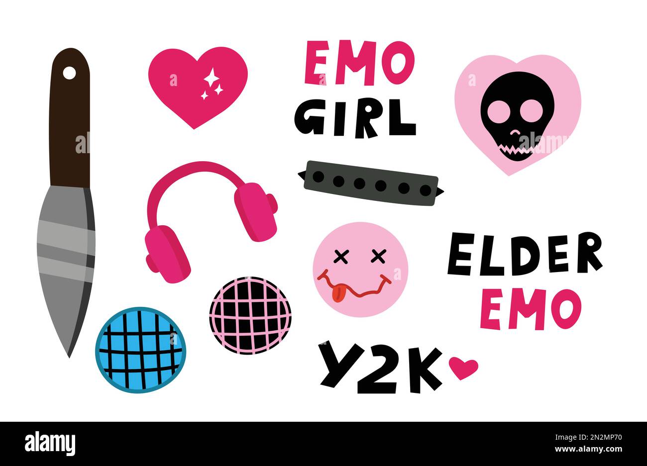 EMO Y2K filles ensemble autocollants couleur rose. Emo aîné, goth, casque, cœur, crâne. Illustration de Vecteur