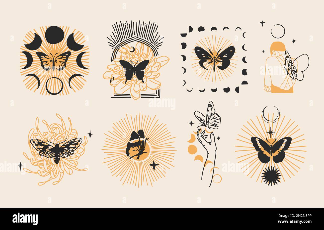 Dessin à la main vecteur résumé illustrations graphiques concept céleste avec logo ligne magique silhouette ensemble de mystique volant papillon, papillon, papillon, papillon, soleil et Illustration de Vecteur