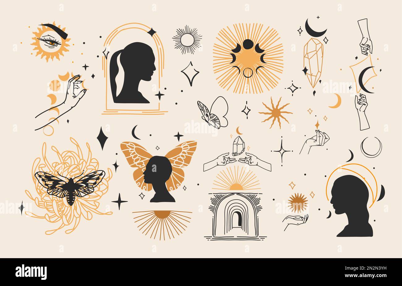 Illustration graphique abstraite vectorielle dessinée à la main avec collection d'éléments de logo, croissant magique, papillon, fleurs, lune et mains humaines blanches Illustration de Vecteur