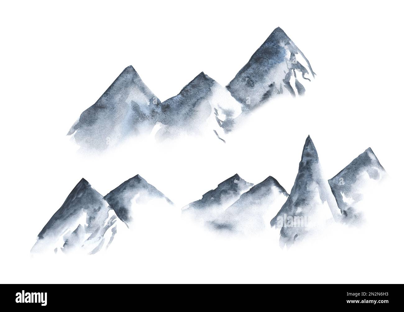 Blue Mountains dans le brouillard dessiné à la main avec aquarelle dans un style minimaliste. Peinture à l'encre orientale traditionnelle sumi-e, u-sin, Go-hua. l'éternité, l'esprit, la paix Banque D'Images