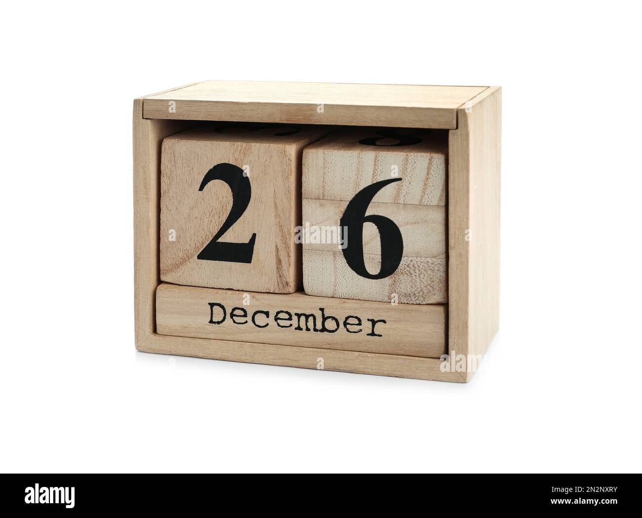 Calendrier en bois avec date du lendemain de Noël isolée sur blanc Banque D'Images