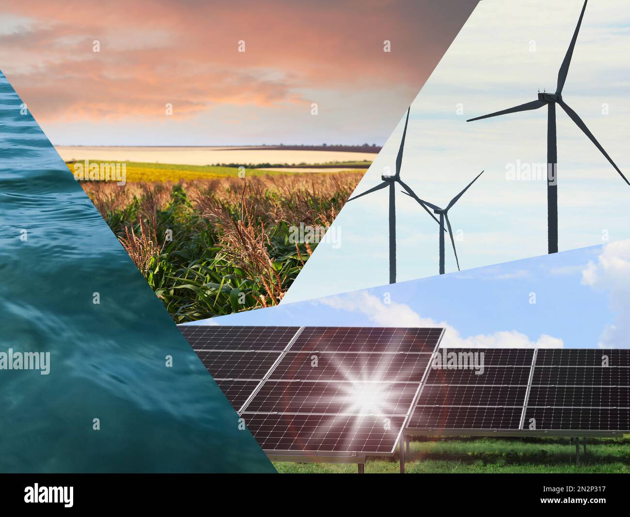 Collage avec photos d'eau, de champ, de panneaux solaires et d'éoliennes. Source d'énergie alternative Banque D'Images