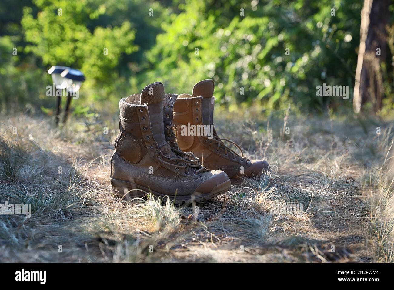 bottes de randonnée sur le terrain en forêt Banque D'Images
