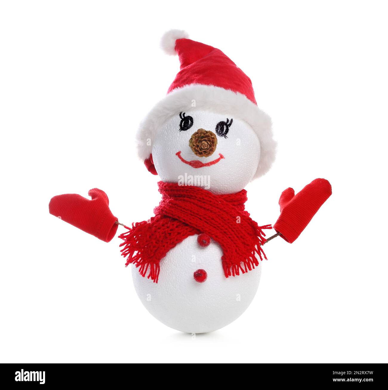 Bonhomme de neige décoratif avec chapeau rouge, écharpe et moufles isolés  sur blanc Photo Stock - Alamy