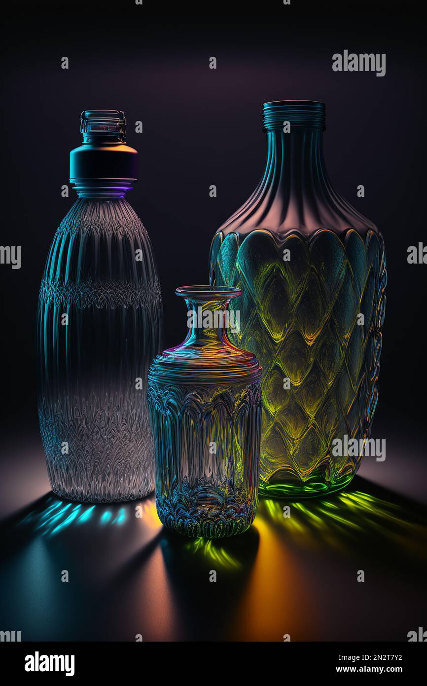 Silhouette de trois bouteilles de cristal rétroéclairées sur une table Banque D'Images